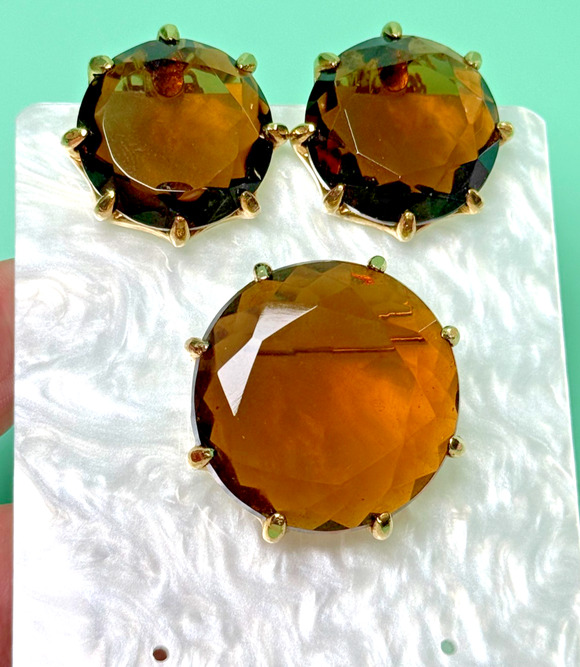 Unbranded Jewelry - Vintage MCM Oversized Crown Prong Set Smoky Topaz Rootbeer Glass Brooch Earrings